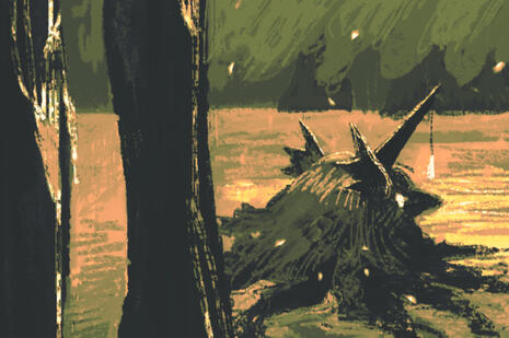 Digital drawing of a sunset swamp with a kelpie head coming out of the water